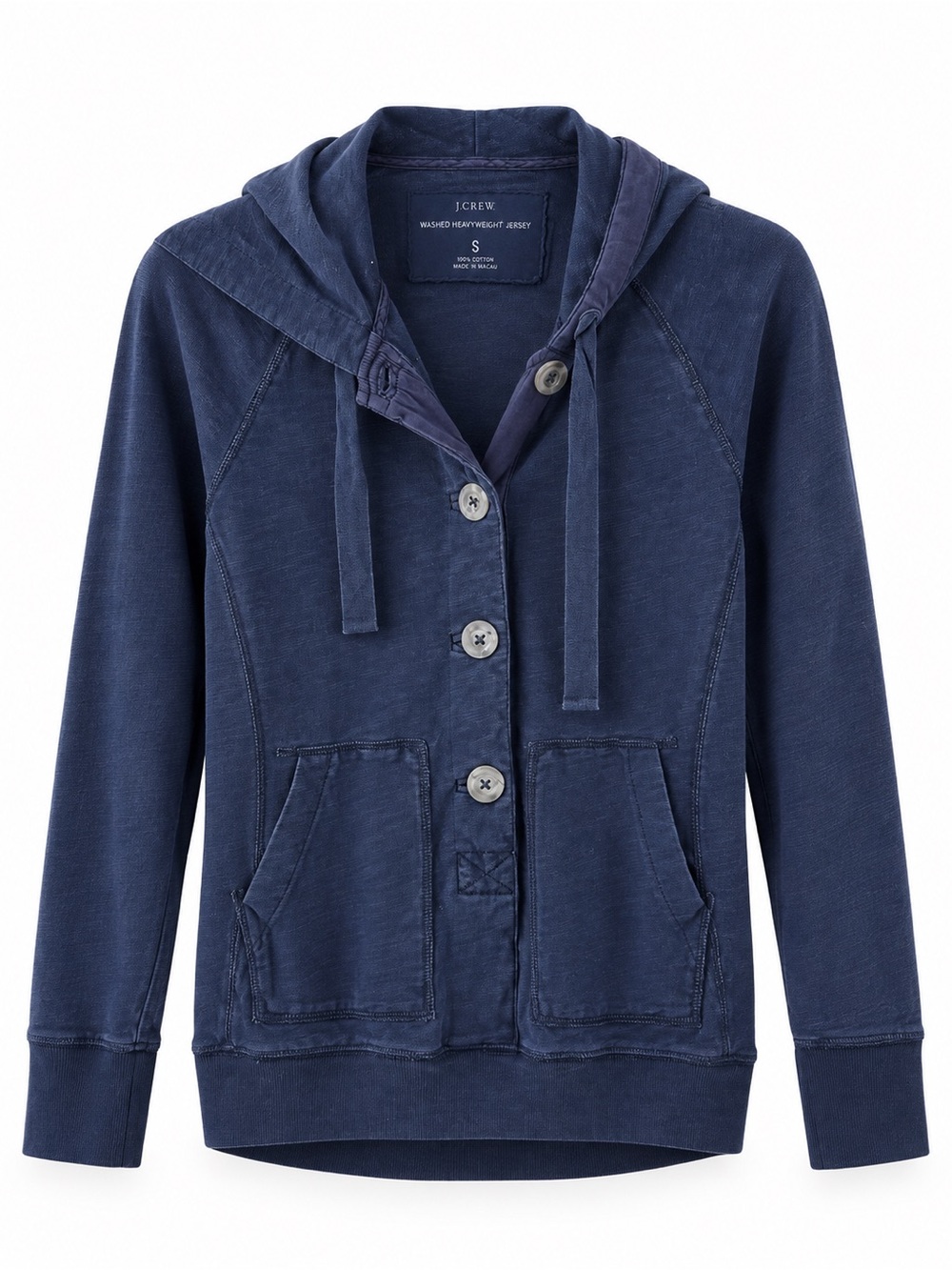 J Crew Navy 100% Cotton Button Front Hoodie Small Preppy Coastal Sweatshirt